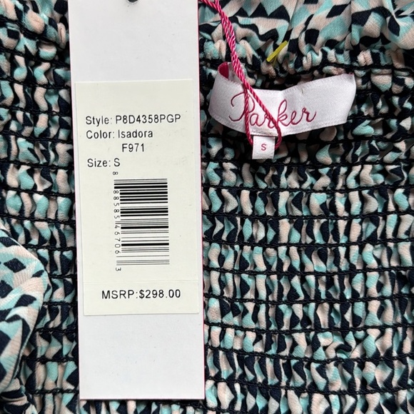 Parker NWT Off-Shoulder Smocked Dress Smocked Fit & Flare Tiered Ruffle Hem S - Picture 7 of 11